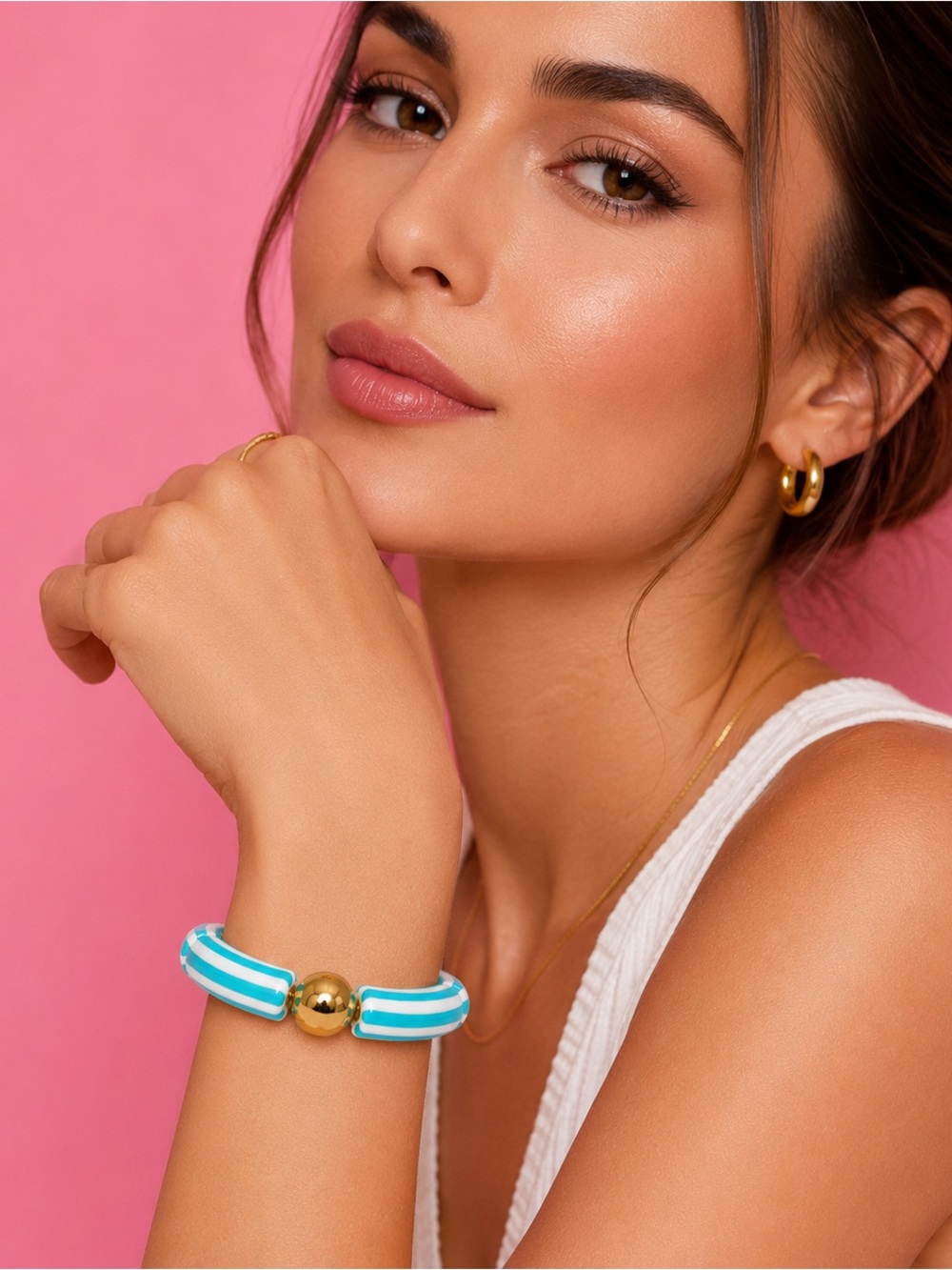 Nautical Turquoise White Striped Bracelet with Gold Bead